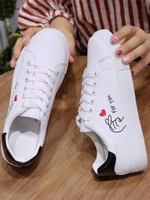 1 Pair Women's Fashion Casual Canvas Sneakers, Comfortable Student Flat Lace-Up Low-Top White Shoes - Black - View 3