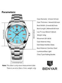 BENYAR Ice Blue Mechanical Watch Men Automatic Casual Simple Stainless Steel Strap Waterproof Wristwatch 2025 New Gift For Boyfriend BY-5218 - Black - View 3