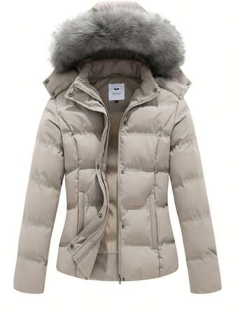 女士厚夹克，冬季新款时尚可拆卸连帽仿毛领保暖棉服外套