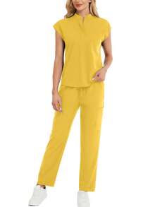 2pcs Set: Solid Color Notched Neck Short Sleeve Top And Long Pants Pajama Set Spring - Mustard Yellow - View 5