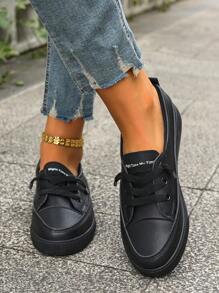 Plus Size Women White Sneakers, Fashion Black Flat Shoes, Casual Lace-Up Athletic Shoes For Students - Black - View 5