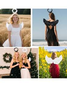 3Pcs Angel Wings Costume Accessories-Feather Wings With Halo Headband Set For Adults,Lightweight Adjustable Fairy Wings