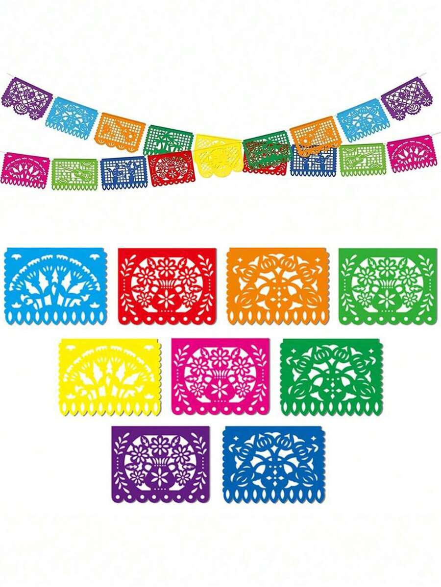 Mexican Style Flag Banner, 8pcs Square/9pcs Rectangle Hanging Felt Flags, Colorful Hollowed-Out Flags Mexican Elements Garland Flag Banner, Perfect For Day Of The Dead Decor,Mexican Party Decor,Carnival Festival Holiday Halloween Party Supplies, Pinata Themed Wall Background Decoration
