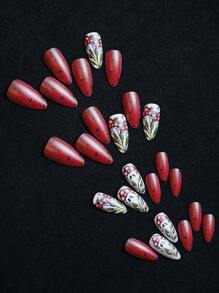 24 件万圣节美甲作品：可爱鬼南瓜美甲、花朵、鬼蘑菇、鬼指甲设计、南瓜猫、蜘蛛、蝙蝠、法式美甲产品、女士美甲装饰按压式美甲用品美甲 - 彩色 - 查看 2