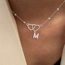 1 pieza Nuevo collar de moda con colgante de acero inoxidable con cadena de cuentas, con inicial y doble corazón pavé de circonita para mujeres