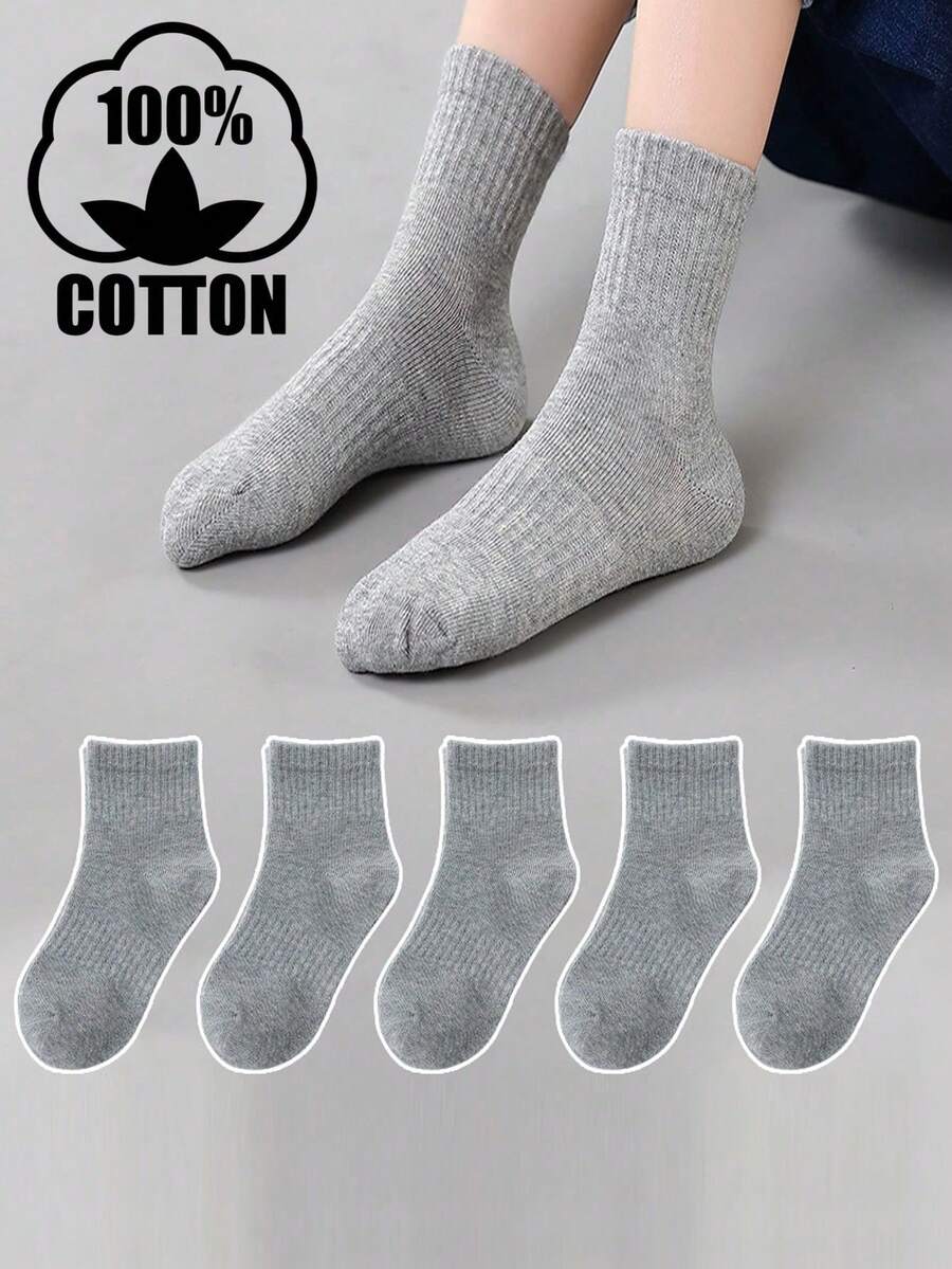 5 đôi tất lưới cotton mỏng thoáng khí dài đến bắp chân cho trẻ em, màu xám, phù hợp cho bé trai và bé gái, học sinh tiểu học và trung học cơ sở, mùa hè - Xám - Xem 1