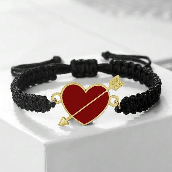 1Pc Of Retro Red Heart Bracelet Black And White Nylon Rope Woven Romantic Jewelry Valentine's Day Gift