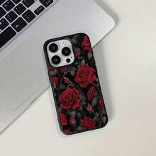 1 pieza Funda de teléfono con patrón de rosa roja elegante de material TPU compatible con iPhone/teléfonos - Negro - Ver 2