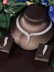 Bộ 3 món trang sức nữ thời trang cao cấp hình giọt nước đính pha lê Zirconia lấp lánh gồm dây chuyền và bông tai, phù hợp cho cô dâu, đám cưới, lễ hội, du lịch, đi làm hàng ngày, tiệc tùng, làm quà tặng, phong cách thanh lịch và sang trọng - Bạc - Xem 3