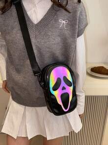 万圣节鬼脸印花女士手机钱包激光女士单肩包斜挎包女士包骷髅脸购物袋适合购物和拍照，万圣节礼物迷你方包，万圣节钱包，非常适合化装派对万圣节时尚和哥特式时尚，最适合女性的万圣节礼物 - 彩色 - 查看 15