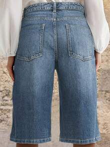 European And American Fashionable Explosion Casual Loose Straight Leg Low Waist Denim 5-Point Shorts For Women, Summer - Rửa tối - Xem 2