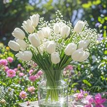 3/30支装仿真满天星和白色郁金香花束套装。适用于婚礼装饰、家居装饰、办公室装饰、房间装饰、DIY插花、户外布置、客厅装饰、婚礼中心摆件和情人节。适合春季和情人节。也可用作复活节礼物、仿真花束、订婚派对、春夏装饰、闺蜜礼物、生日礼物和新娘捧花。