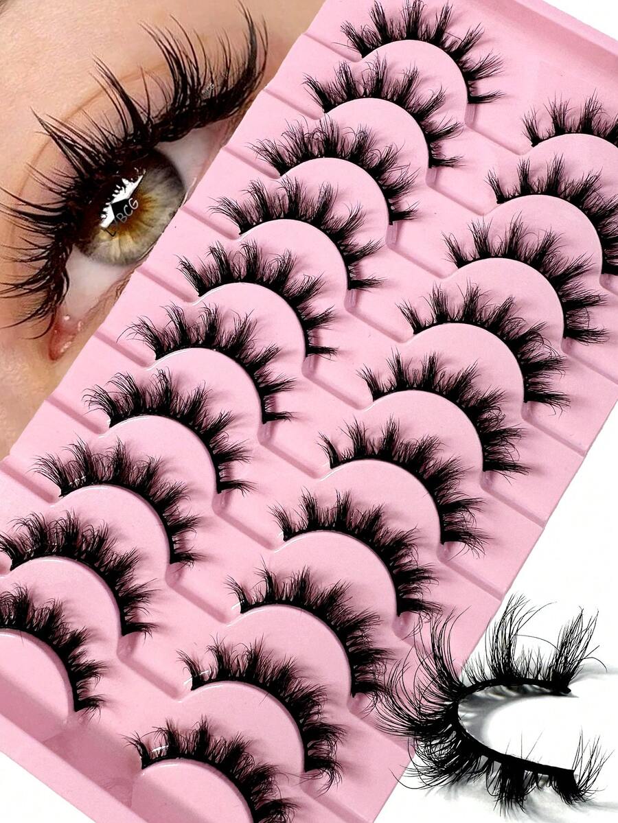 LYBCG 10 Pairs Halloween Cosplay Manga 8D Volume Lasting Wispy False Eyelash Cat Eye Cross Lashes Makeup 3D Mink Lashes Handmade 3D Mink Lashes Full Strip Lashes Soft False Eyelashes Makeup Lashes - 黑色 - 查看 1