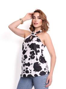 Duna Women's Basic Twist Front And Back Tank Top - Blue and White - View 4