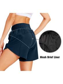 Athletic Running Shorts For Women With Zipper Pocket 5" High Waisted Quick Dry Workout Gym Shorts With Liner - Navy - View 2