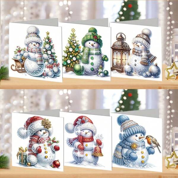 6pcs/Set Diamond Painting Christmas Cards Kit - Snowman Patterns Design For Expressing Warm Wishes & Best Wishes Snowman Diamond Art Cards, Perfect For Family, Friends & Loved Ones - Handmade Craft Gifts For Christmas And New Year Festival And Holiday Home Decor Christmas Decorations Room Decor
