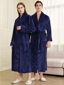 1pc Extra Long Flannel Bathrobe, Adult Flannel Bathrobe, Thermal Lined, Suitable For Hotels, Spas, Beauty Salons, Absorbent & Quick Dry, Loose Fit, Multi-Color, Minimalist Design, Bathroom & Home EssentialsWarm Winter Decora - Multicolor - View 16