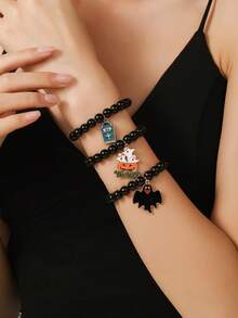 3 peças/Conjunto Pulseira Gótica de Halloween, Conjunto de Pulseira com Pingente de Vidro, Acrílico, Zircônia Cúbica em Formato de Abóbora, Fantasma, Lápide, Cruz, Gato Preto, Teia de Aranha, Milho de Doce, Adequado para Homens e Mulheres, Uso Diário, Festa de Halloween, Presente de Festival