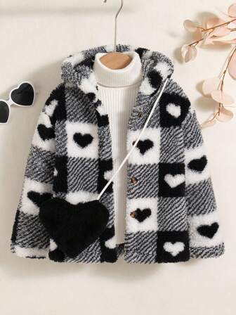 女童休闲格纹长袖连帽双面羊毛夹克外套，带口袋，秋冬