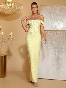 New Sexy Yellow Heavily Embellished Pearl & Rhinestone Off-Shoulder Bandage Maxi Dress, Elegant Women's Birthday Party, Wedding Guest, Formal Dinner, Christmas Party Gown - Yellow - View 4