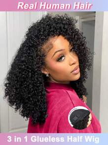 Half Wig 36 Inch Glueless Wigs Human Hair Upgrade 3 IN 1 Half Wig With Drawstring Seamless Clip Ins Flip Over Jerry Curly Human Hair No Glue No Lace Wig For Women 150% Density - SNatural - View 2