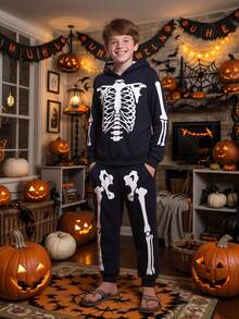2 Stück Jungen Skelett Muster Hoodie Sweatshirt und Jogginghose Set, Halloween Party Outfit, geeignet für Frühling, Herbst, früher Winter - Schwarz - Übersicht 9