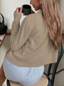 FOR BEAUTY Women's Round Neck Twisted Button Long Sleeve Knit Cardigan, Casual Comfortable Solid Color Sweater Jacket, New Year Top - Khaki - View 4