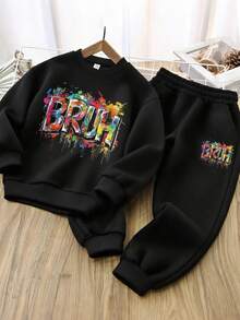 2pcs Set Boy Street Cool Splash - Ink Letter Sweatshirt Set, Soft & Comfortable, Spring & Autumn Daily Casual Wear - Black - View 1