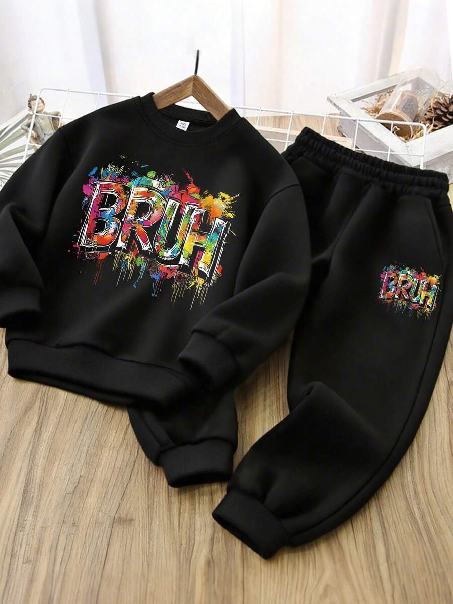2pcs Set Boy Street Cool Splash - Ink Letter Sweatshirt Set, Soft & Comfortable, Spring & Autumn Daily Casual Wear - Black - View 1