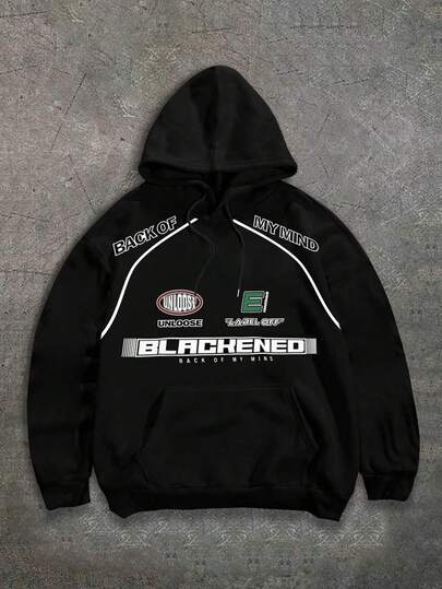 男士针织连帽长袖卫衣，带口袋，宽松套头衫，适合春秋季、健身房锻炼、户外跑步、摩托车骑行等运动，字母印花休闲街头风