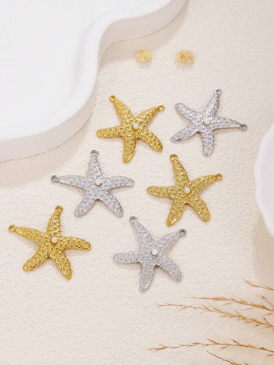 3pcs Assorted Ocean Vacation Style Starfish Series 304 Stainless Steel Oil Pressure Accessories Inlaid Faux Pearl Jewelry Accessories For DIY Handmade Earrings, Necklaces, Bracelets, Bikini Pendants