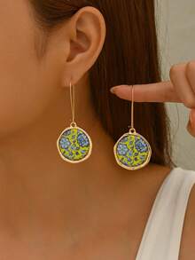 Retro Luxury Blue And White Porcelain Cloisonne Pattern Long Hook Earrings, Suitable For Women's Vacation, Gifts, And Daily Wear - Gold - View 6