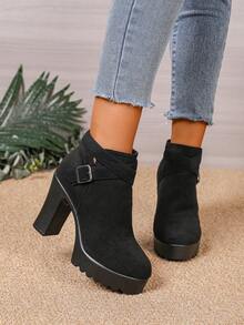 Women's New Autumn/Winter Suede Thick Sole Chunky Heel Ankle Boots With Side Zipper, Round Toe, Cross Strap Decor, Fashion & Comfortable (Friendly Reminder: Shoes Run Small, Please Order Accordingly)