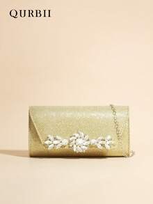 QURBII 1pc Shiny Elegant Fashion Clutch Bag, Gold Chic Small Square Bag, Fashion Chain Shoulder Bag, Detachable Strap, Suitable For Women Office, Commute, Date, Shopping, Casual, Vacation, Beach, Music Festival, Party, Wedding, School