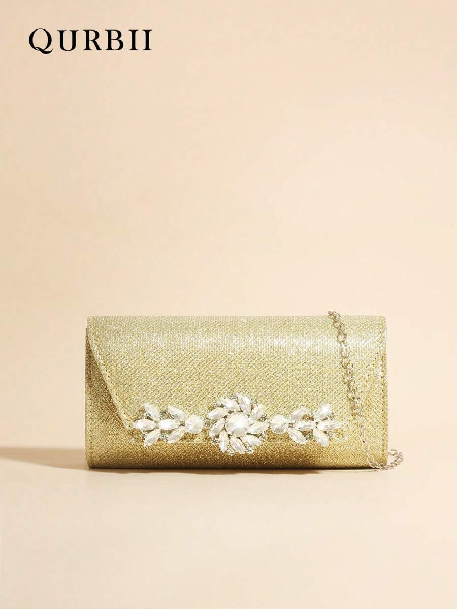 QURBII 1pc Shiny Elegant Fashion Clutch Bag, Gold Chic Small Square Bag, Fashion Chain Shoulder Bag, Detachable Strap, Suitable For Women Office, Commute, Date, Shopping, Casual, Vacation, Beach, Music Festival, Party, Wedding, School