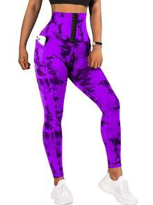 Women's Casual Sports High Waist Drawstring Tie Dye Leggings, Skinny Fit Workout Running Tights For Spring/Summer - Red Violet - View 6
