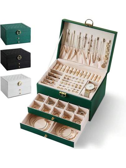 1 pieza Caja de almacenamiento de joyas de gran capacidad, caja de joyas de PU, caja de almacenamiento/exhibición de joyas, caja de joyas de viaje, accesorios de almacenamiento de joyas, una variedad de estilos para elegir, adecuada para anillos, collares, pulseras, aretes y otros accesorios de joyería, un imprescindible para volver a la escuela, regalos festivos. Para organizador de almacenamiento de mujeres Artículos esenciales de viaje Vuelta a la escuela Almacenamiento de dormitorio Decoración de otoño