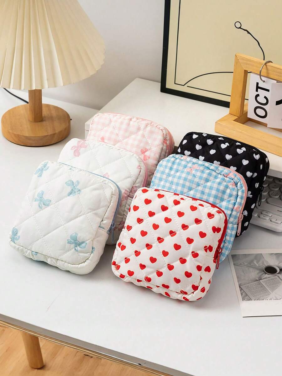 1pc Solid Color Rhombus Plaid Large Capacity Sanitary Pad Storage Bag, Cosmetic Organizer Bag, Ladies Makeup Pouch, Girls Tampon Storage Bag, Wallet-Style Portable Makeup Brush Holder Clutch
