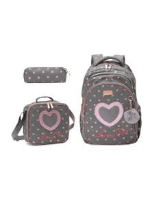17-Inch Kids Backpack Set With Lunch Bag And Pencil Case, Lightweight School Bag Suitable For Teenagers, Girls And Boys, Heart-Shaped Glitter Large Capacity 3-In-1 Backpack, Insulated Lunch Bag, Pencil Case, Padded Shoulder Straps To Reduce Shoulder Pressure, Casual Backpack For Daily Use Or Travel