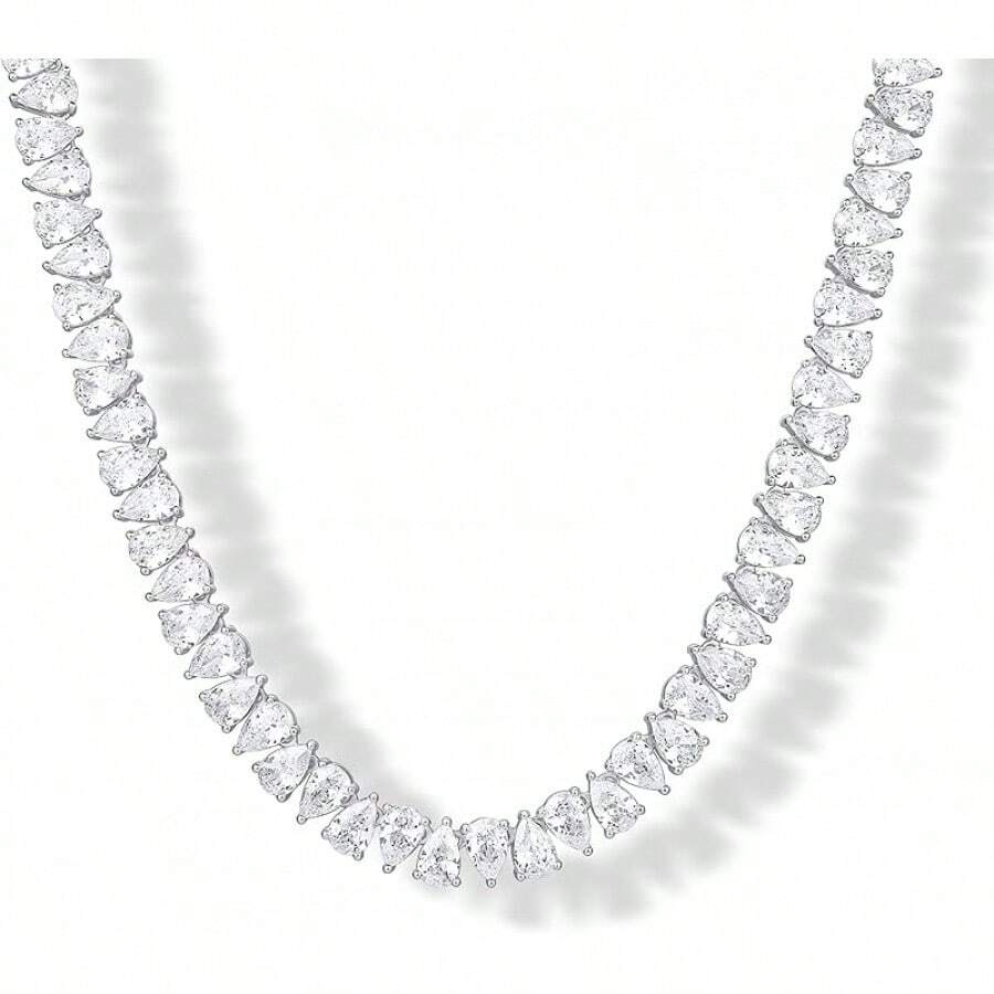 PAVOI 14K Gold Plated Simulated Tennis Women - Classic Tennis Chain - Timeless Station Round And Pear Cubic Zirconia Stones Choker Necklace - 梨形 - 18英寸 - 查看 1