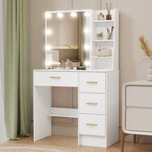 INS Cream Style  Scandinavian Solid Wood LED Makeup Mirror Desk - Dimmable LED Light, Large Drawer With Partition | 1-Piece Workstation For Girly Princess Vibe | Neat Storage For Cosmetics & Skincare | Fresh Aesthetic, In Stock & Fast Shopping