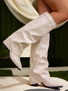 Women's Pointed Toe Comfortable Boots, Wide Shaft Straight Tube Versatile, Buckle Fashionable Chunky Heel Pants Boots, Spring/Autumn,Western Boots