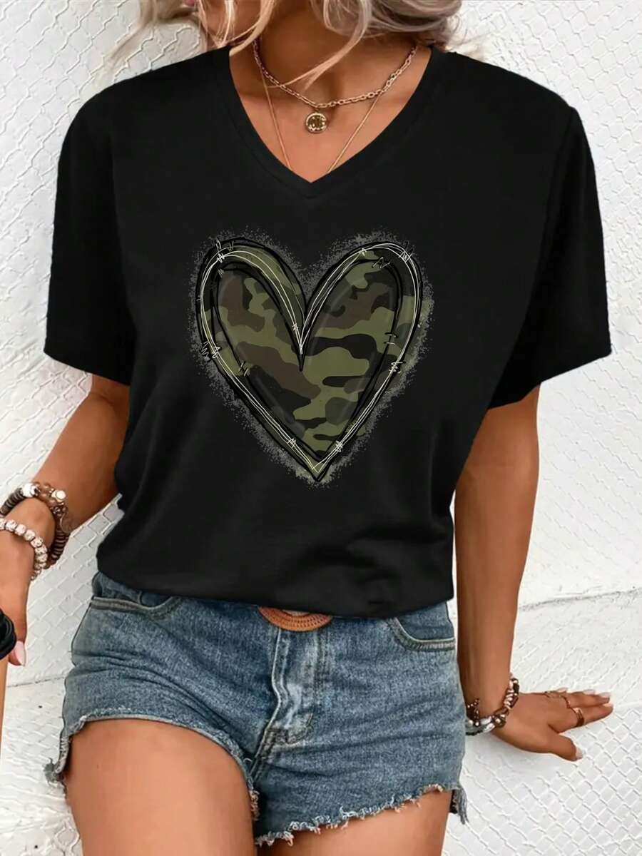Daily V-Neck T-Shirt With Standard Size Camouflage Heart Print;Suitable For Daily Life, Going Out, Leisure, And The Best Choice To Give To Friends And Family, - 黑色 - 查看 1