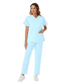 两件套 V 领口袋短袖上衣和裤子 休闲家居服 春季 - 淺藍色 - 查看 5