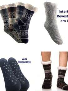 kit  1-2  Meia Térmica de Lã com Sola Antiderrapante Adulto Quentinha Forrada Grossa MASCULINAS