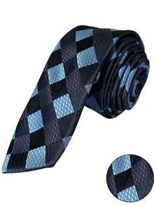 top ties Gravata Xadrez Slim Luxo Premium Masculina Estampada Cores - Azul Empoeirado - Visão 4