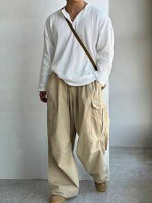 Henry Collar Waffle Knit Long Sleeve Lightweight Breathable Sun Protection T-Shirt For Men, Casual American Style Undershirt, Versatile Choice For All Seasons , Fall