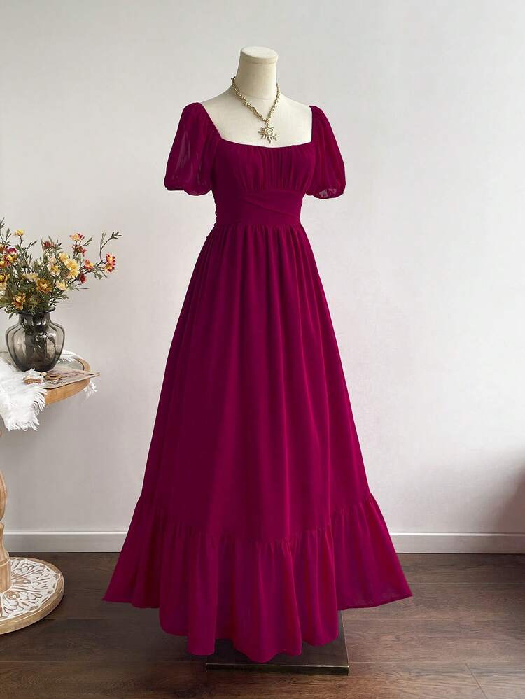 Rusttydustty Rochie elegantă casuală din șifon roșu, cu mânecă lungă și tiv cu volane, potrivită pentru Anul Nou, Ziua Îndrăgostiților - roșu - Vizualizare 6