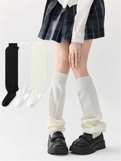 1 par de calentadores de piernas sin pies de estilo Y2K tejidos en negro/blanco/marfil, versátiles y