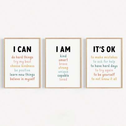 3 件套现代日常肯定句帆布墙艺术套装，彩色文字装饰海报，我就是我可以，适合儿童的简单装饰壁画，适用于教室装饰、儿童卧室装饰，无框